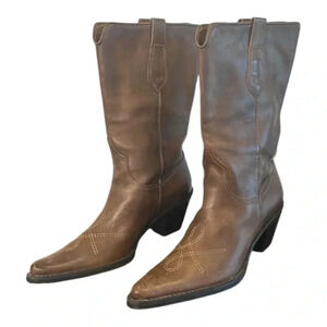 Franco Sarto Brown Leather Pointed Toe Western Boots with Stitching Size 5